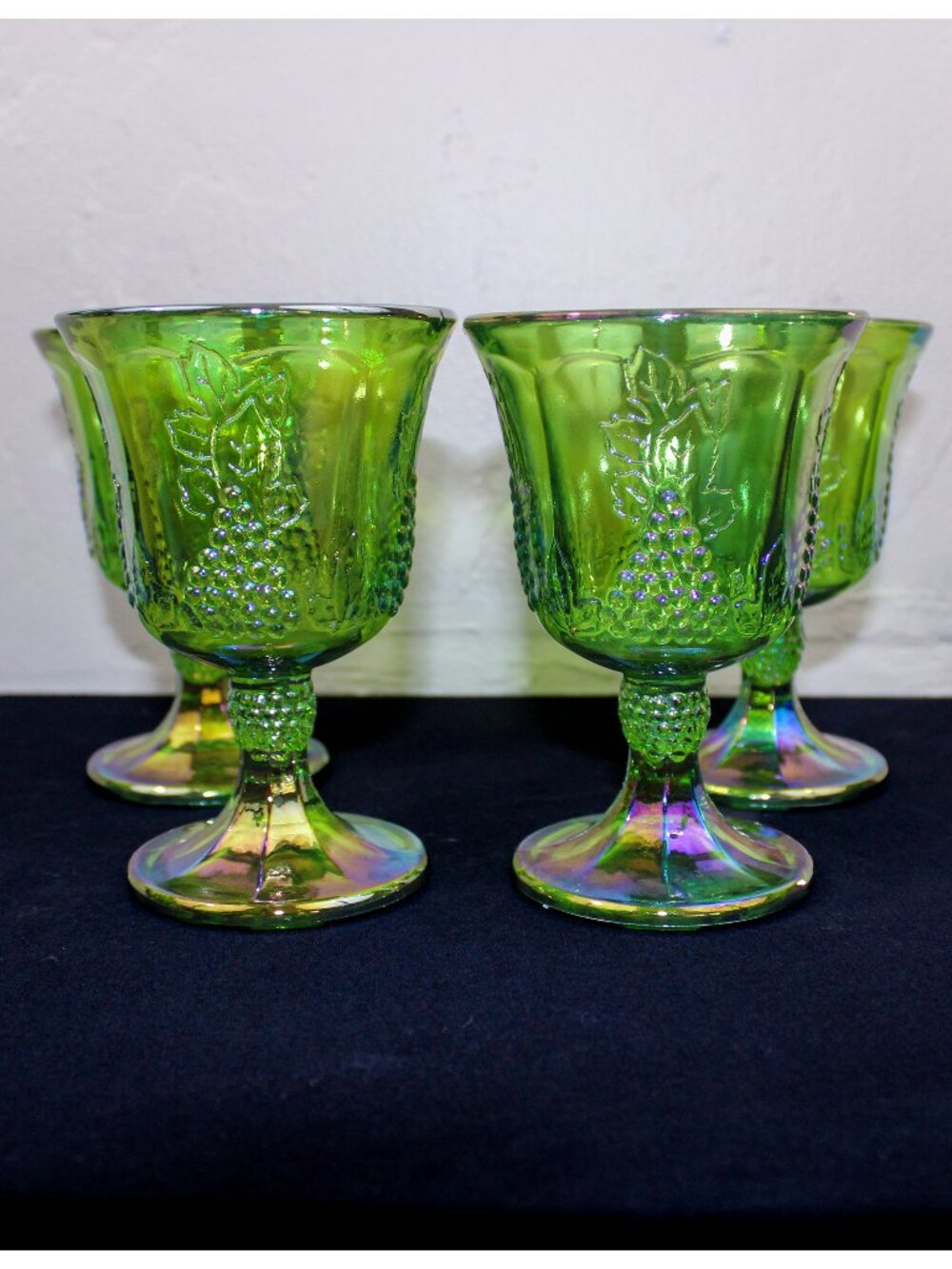 4 Vintage Indiana Carnival Glass Goblets Iridescent Lime Green Harvest Grape